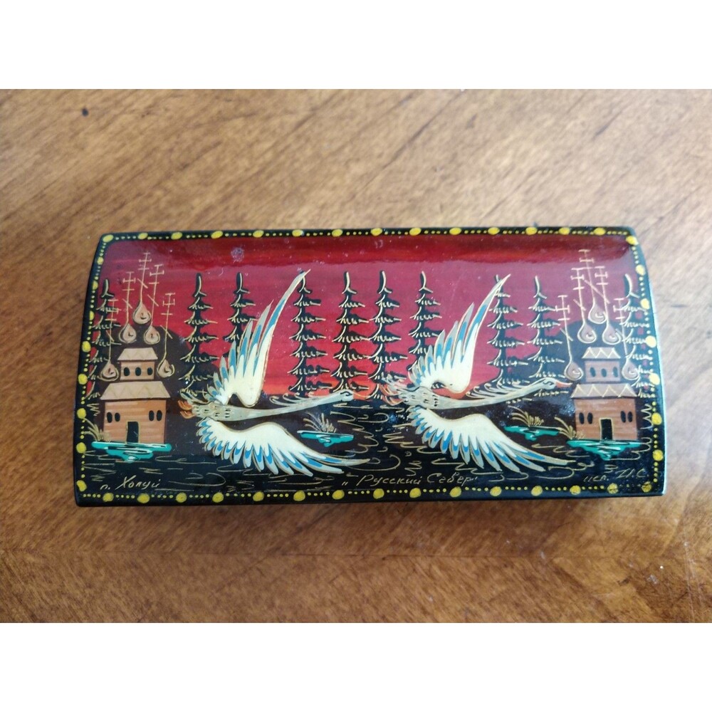 Vtg Russian Black Lacquer Painted Scenic Cranes Rectangular Hinged Box Signed